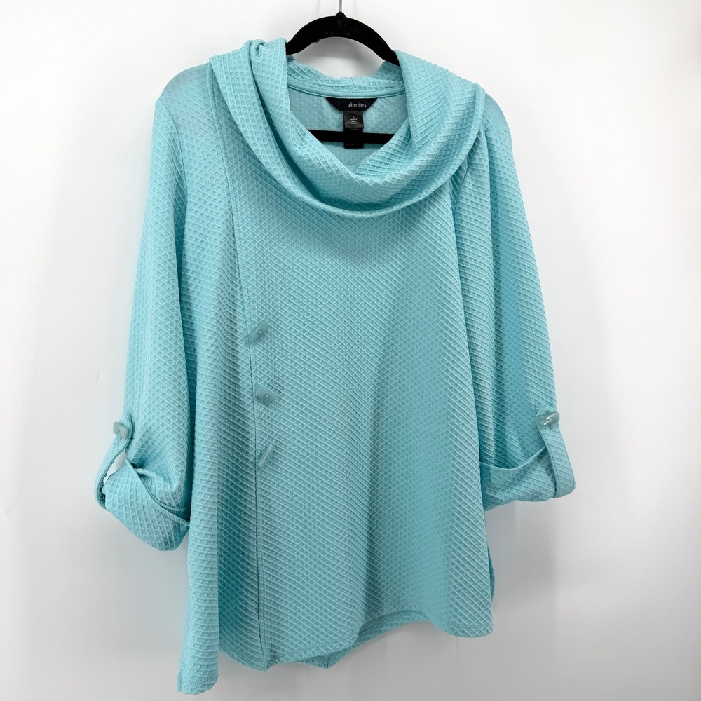 Ali Miles Womens Aqua Blue Waffle Knit Cowl Neck Roll Tab Sleeve Tunic Top Large - Picture 2 of 10